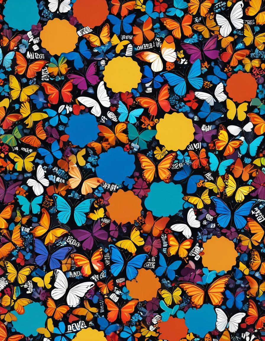 A vibrant collage depicting a cheerful newsroom filled with diverse journalists creating positive news stories. Bright colors showcasing uplifting headlines, smiling faces, and scenes of joy in the community. Imagery of light breaking through dark clouds symbolizes hope and positivity. Include elements like a radiant sun and colorful butterflies to emphasize joy. super-realistic. vibrant colors. 3D.