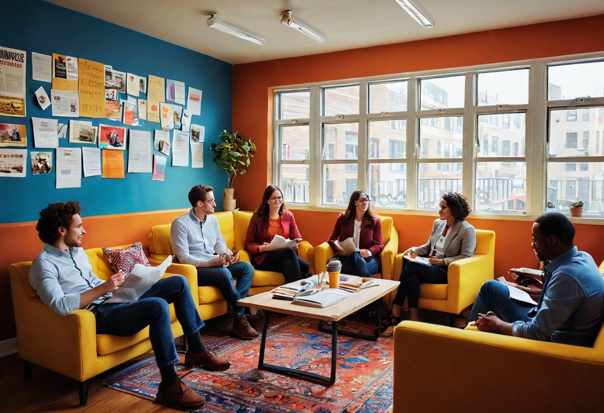 A warm and inviting scene featuring a diverse group of journalists joyfully discussing uplifting stories in a cozy newsroom filled with bright colors. On the walls, inspiring headlines celebrate positivity and community achievements, while a large window shows a sunny day outside, symbolizing hope. The atmosphere should be vibrant and encouraging, with coffee cups and notes scattered around, reflecting a passionate exchange of ideas. bright colors. cozy ambiance. 3D.