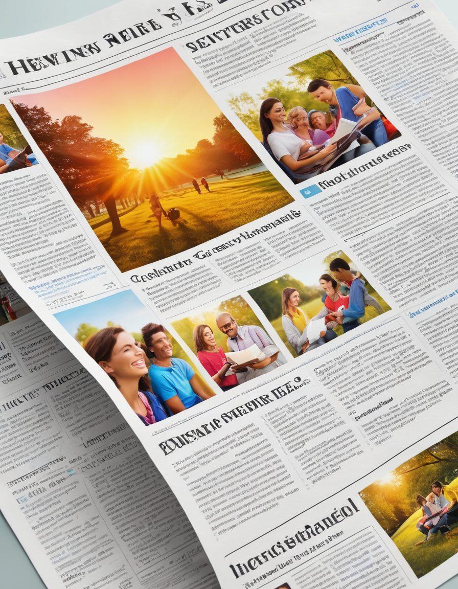 An open newspaper with bright, colorful headlines showcasing uplifting news stories around a joyful community scene filled with smiling people engaging in various activities like volunteering, celebrating, and connecting. Sunlight filters through a vibrant park, enhancing the optimistic atmosphere. Elements of technology like smartphones and digital tablets can be scattered around, symbolizing modern journalism. Include a soft gradient background to evoke a warm, inviting mood. super-realistic. vibrant colors. 3D.